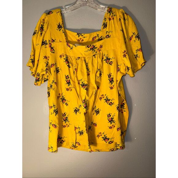 Lucky brand square neck yellow floral blouse XL #718 - Picture 1 of 4